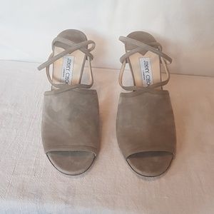 Jimmy Choo Flora Suede Nude Peep Toe Pumps, 40.5